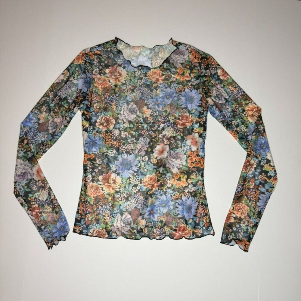 Women's Black Floral Mesh Sheer Long Sleeve Blouse - S